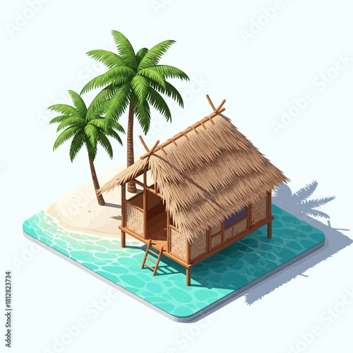 Tropical Getaway: Illustration of a Thatched Hut on an Island Paradise