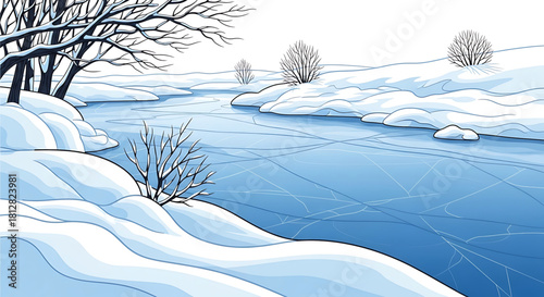 Frozen river scene with snowy banks and bare trees under winter sky