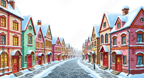 Charming winter village street with snow-covered rooftops and cobblestone road.