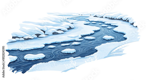 Winter Stream Flowing Through Snowy Landscape Illustration in Serene Blue Tones