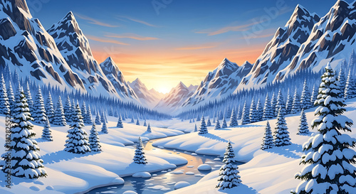 Serene winter landscape with snowy mountains, trees, and flowing river