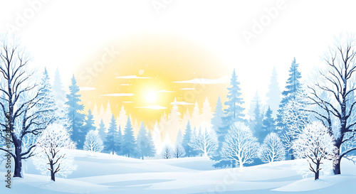 Beautiful tranquil winter scene with snow covered trees and golden sunset