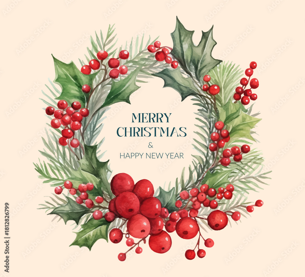 Obraz premium Wishing you a Merry Christmas and a Happy New Year with this delightful Floral Wreath Illustration