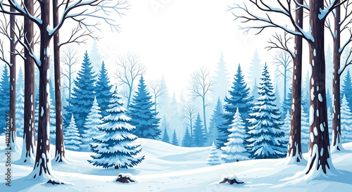 Serene Winter Forest Landscape Painting with Snow-Covered Trees and Hills