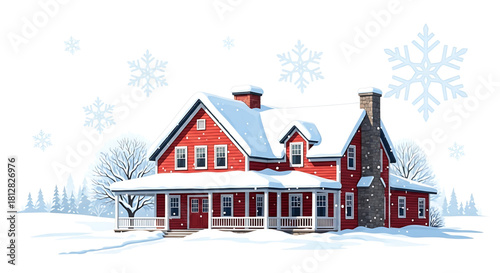 Charming Red House Amidst a Snowy Winter Wonderland Landscape