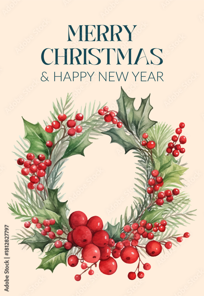 Fototapeta premium A Beautiful and Festive Christmas Wreath Adorned with Berries and Holly for Holiday Greetings
