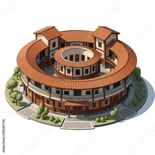 Whimsical depiction of a Tulou-inspired architectural structure with charm