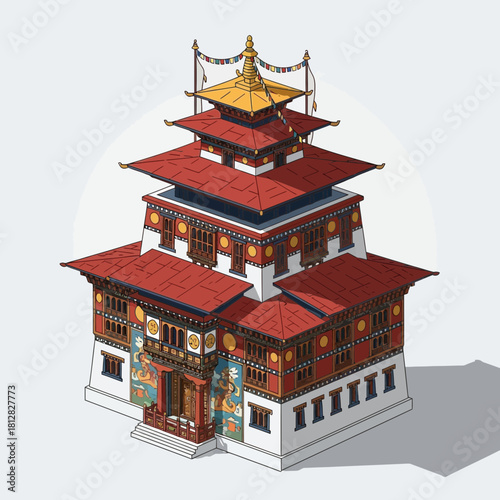 Detailed Isometric Illustration of Traditional Bhutanese Dzong Architecture