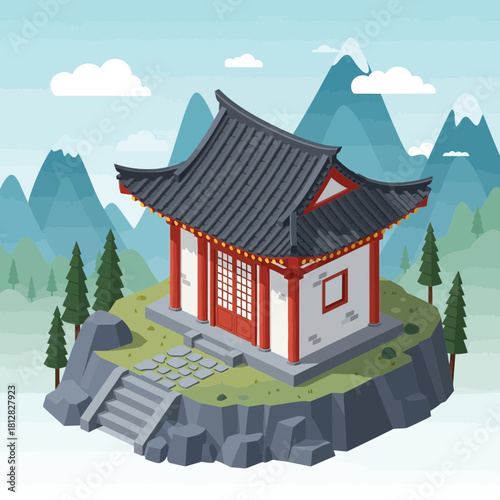 Isometric Depiction of a Serene Chinese Temple Amidst Mountainous Peaks