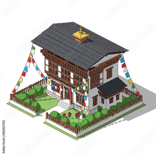 Isometric Bhutanese House Illustration with Prayer Flags and Enclosed Yard