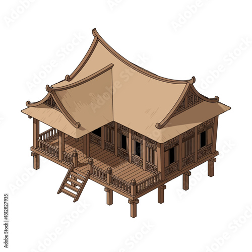 Illustrated traditional raised wooden house with intricate carvings detail