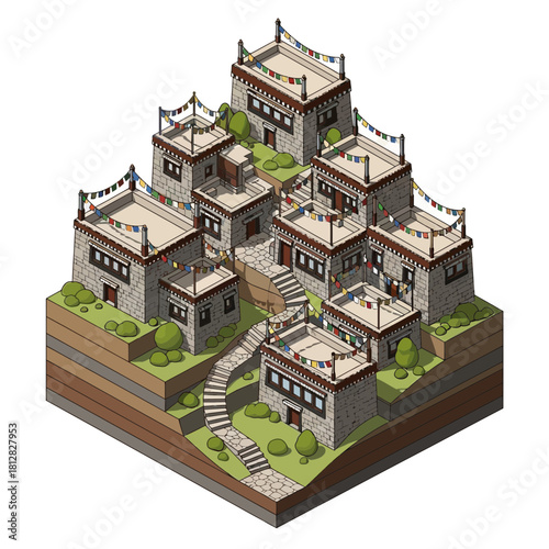 Isometric depiction of a traditional Tibetan village with prayer flags waving