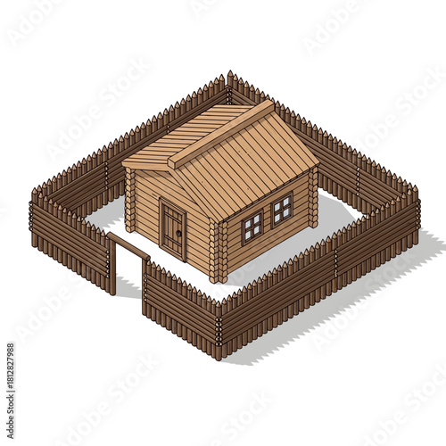 Isometric fortified log cabin with palisade, rural dwelling with defense