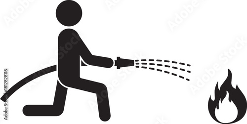 Firefighter icon using a water hose to put out fire