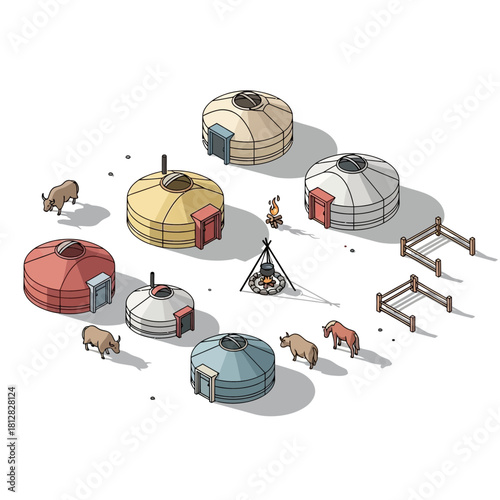 Isometric illustration of a nomadic camp with yurts, animals and fire pit