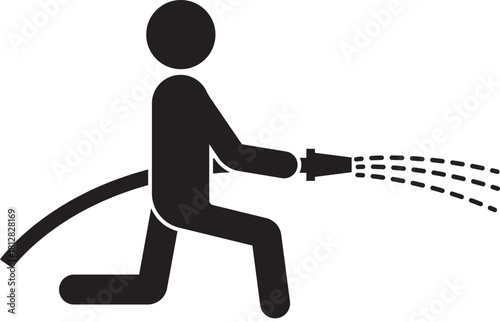 Pictogram of a firefighter kneeling with a hose