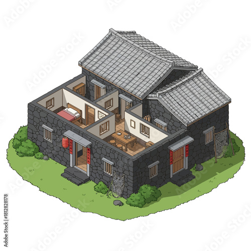 Isometric illustration of a traditional Asian house with a unique cutaway view