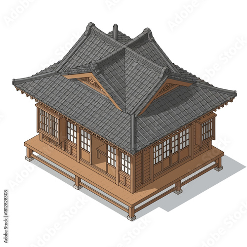 Isometric Illustration of a Traditional Japanese House with Tile Roof