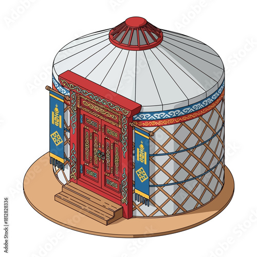 Isometric illustration of a traditional mongolian ger or yurt dwelling