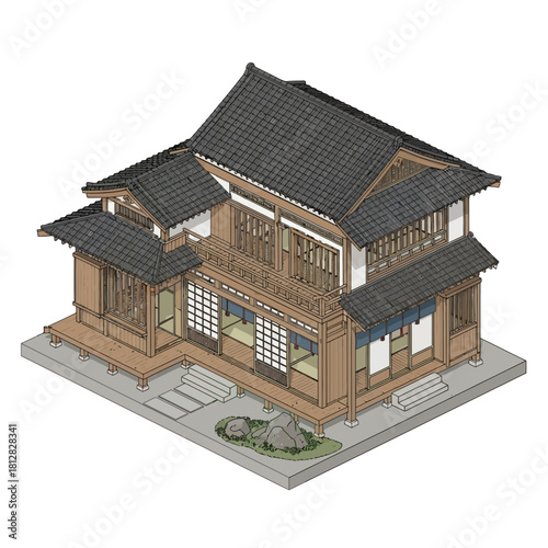 Isometric Illustration of a Traditional Japanese House with Garden Elements