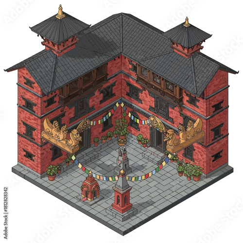 Isometric illustration of a traditional Nepalese courtyard building design