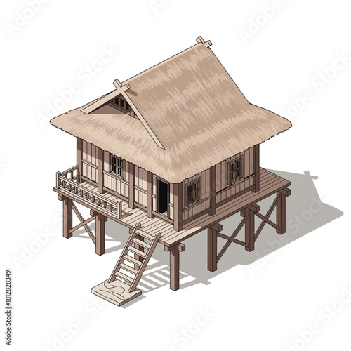 Isometric illustration of a traditional wooden house on stilts with thatch roof