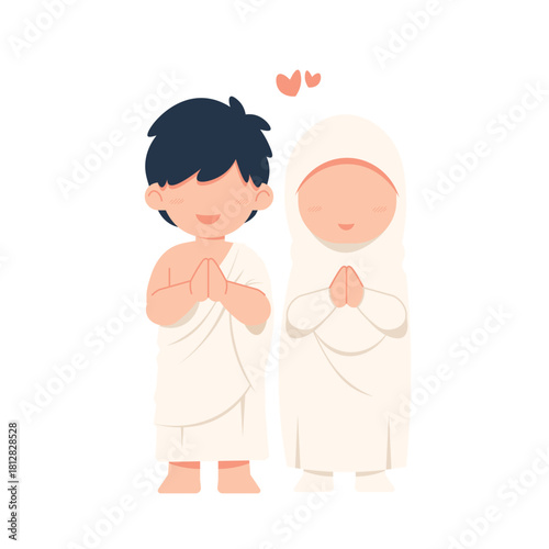 Cute illustration of a Muslim boy and girl wearing ihram clothing
