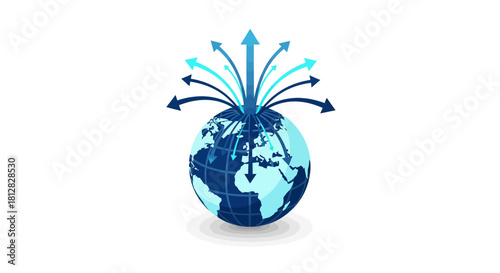 Global network expansion concept with arrows emanating from globe