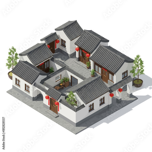 Isometric illustration presenting a traditional chinese courtyard residence