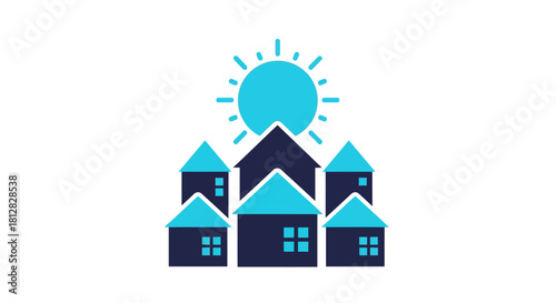 Bright blue sun over minimalist blue houses in modern design