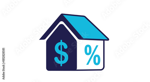 Blue house with dollar sign and percentage symbol representing real es