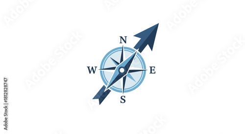 Blue compass rose with arrow design on white background