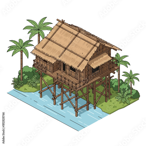 Isometric tropical stilt house illustration with thatched roof and serene river