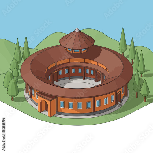 Isometric vector of Earthen building with geometric construction pattern