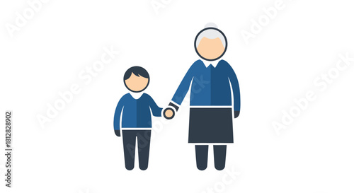 Elderly woman and child holding hands in minimalistic style