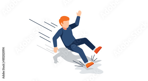 Cartoon character slipping on wet floor with splashes