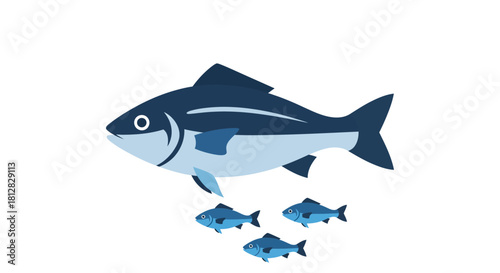 Minimalist blue fish school design on white background