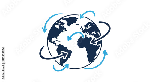 Global connectivity: blue arrows encircling a simplified earth design