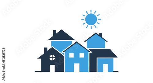 Minimalist blue and black houses with sun on white background