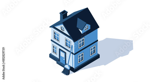 Isometric blue house with broom illustration for cleaning services con