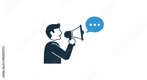 Man with megaphone communicating message in flat style design