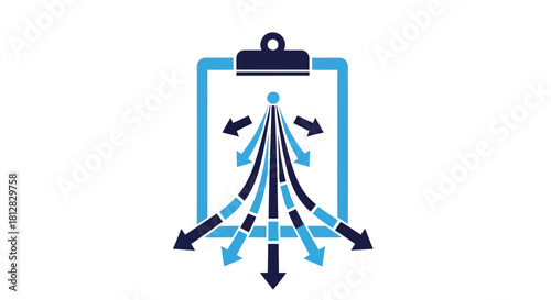 Flowchart symbol with arrows on clipboard - blue and white conceptual
