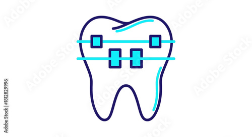 Colorful linear tooth with braces icon for modern dental design
