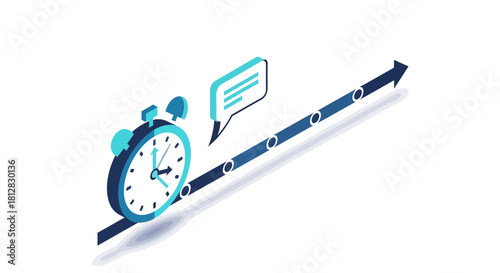 Isometric timeline with clock and chat bubble for project management a