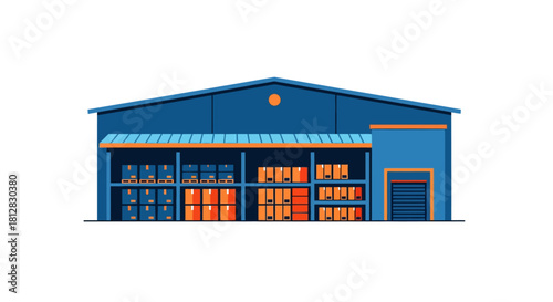 Modern industrial warehouse building with storage boxes and blue orang