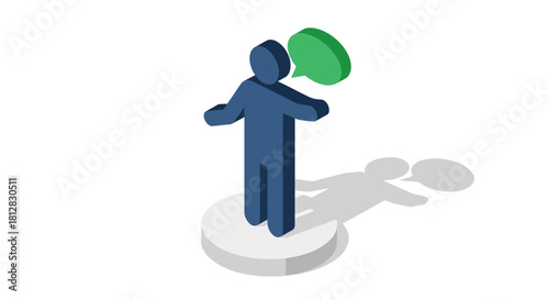 Isometric figure with speech bubble on pedestal