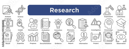 research icon set featuring analysis, science, testing, evaluation, innovation, discovery, laboratory work, and documentation. line illustration