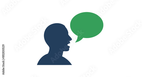 Blue silhouette profile with green speech bubble on white background
