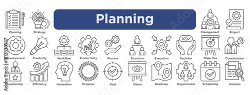 planning icon set featuring strategy, workflow, productivity, process, management, objectives, scheduling, and analysis in vector outline style. 