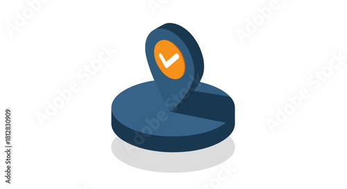 Isometric location pin with check mark: modern navigation symbol